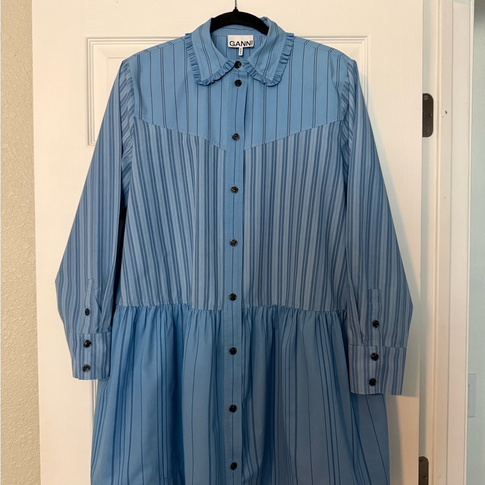 GANNI Striped Cotton-Poplin Mini Shirt Dress in Silver Lake Blue